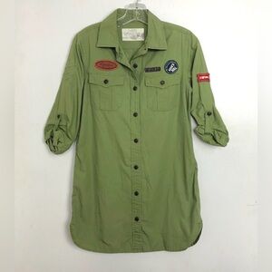 I Love H81 Green Army Shirt w/Patches Long Sleeve Button Up Sz Large